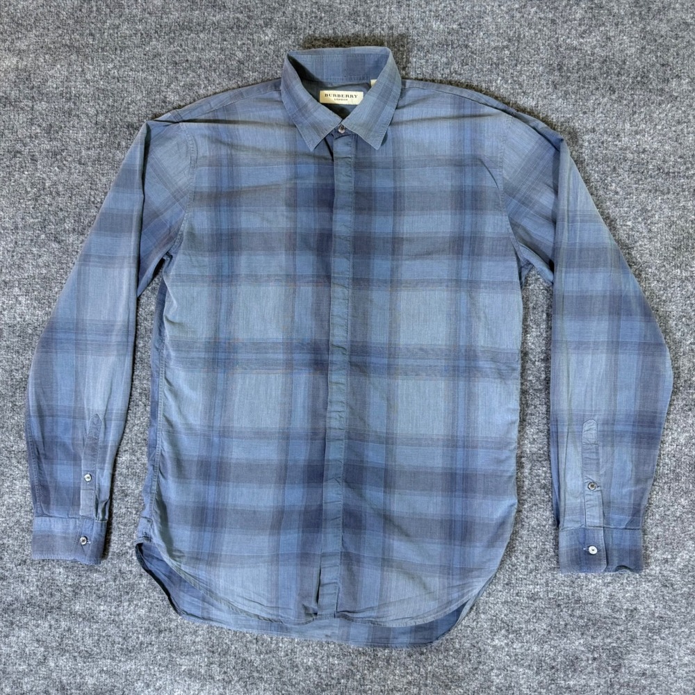 Burberry London Mens Blue Tonal Plaid Cotton Long Sleeve Button Up Shirt Size M
